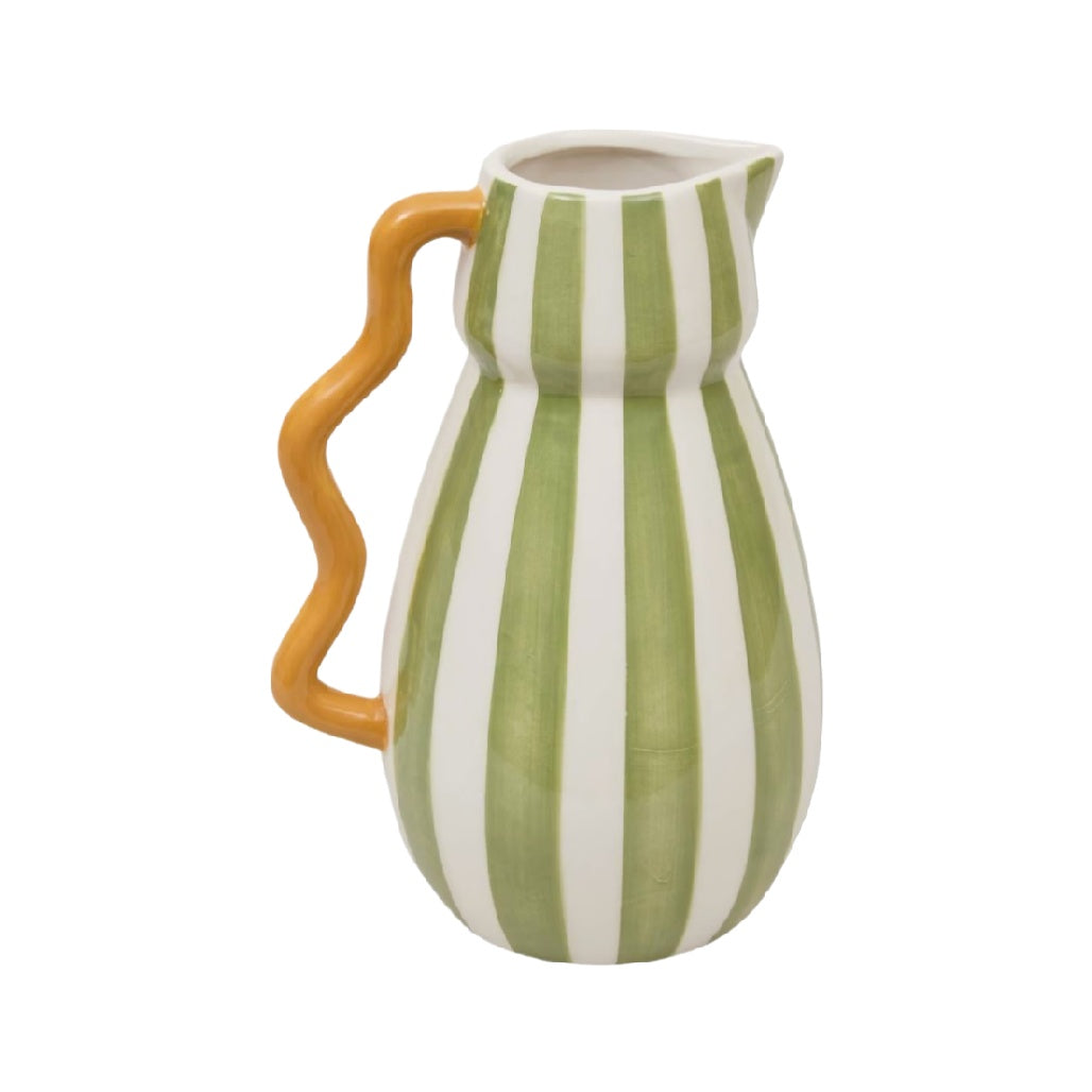 Striped Ceramic Pitcher with Curved Handle - Green and White Decor